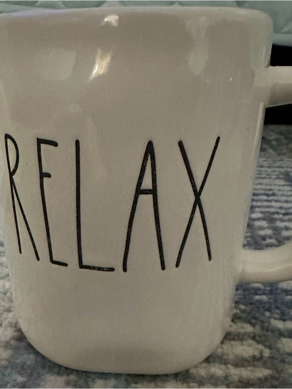 Rae Dunn White Ceramic Mug with BLACK 'RELAX' Lettering